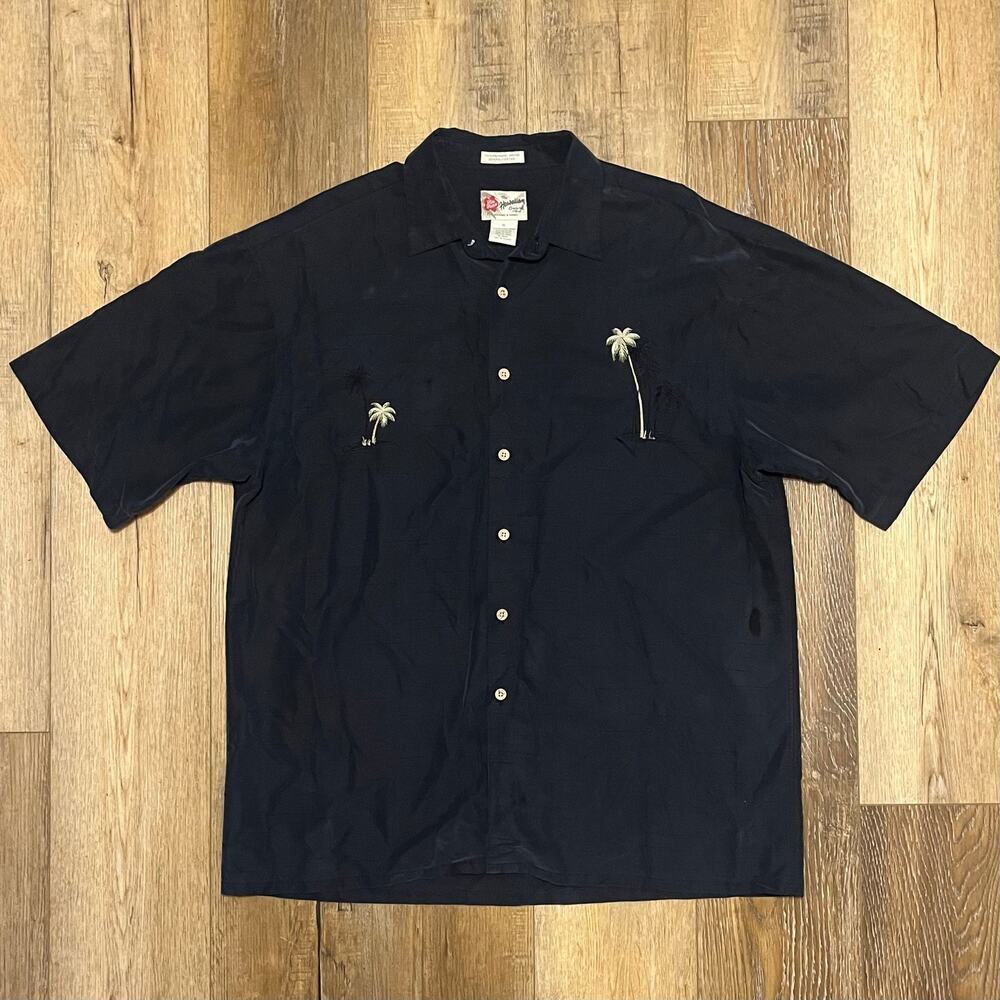 Vintage Hilo Hattie Camp Shirt Embroidered Palm Black Coconut Button Men’s XL